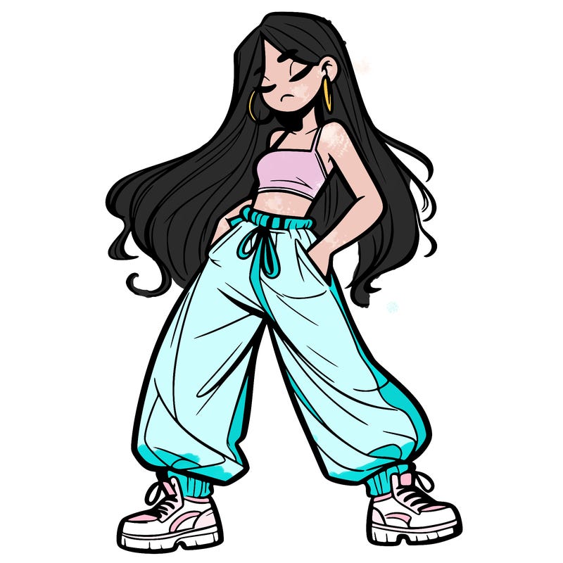 girl in baggy pants crop top and long hair