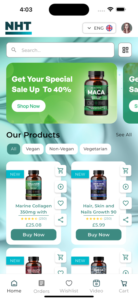 NHT E-Commerce - Tela inicial do aplicativo NHT E-Commerce mostrando vitaminas e suplementos premium do Reino Unido