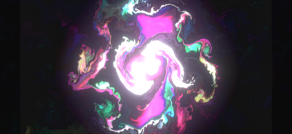 A colorful abstract swirl of glowing pink white and green fluid patterns against a dark background in the Flasia app