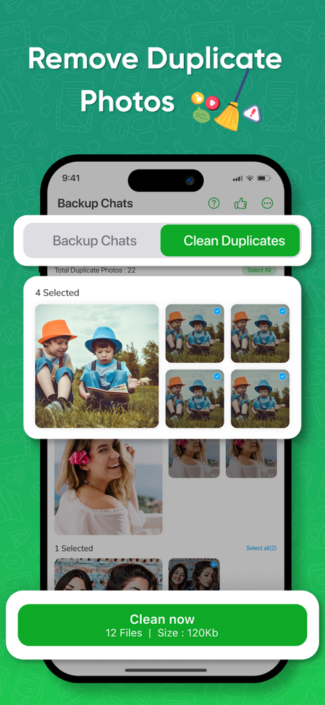 Backup my Chats & Photos - Captura de pantalla de la interfaz de una aplicación que muestra cómo eliminar fotos duplicadas para liberar espacio en el teléfono.