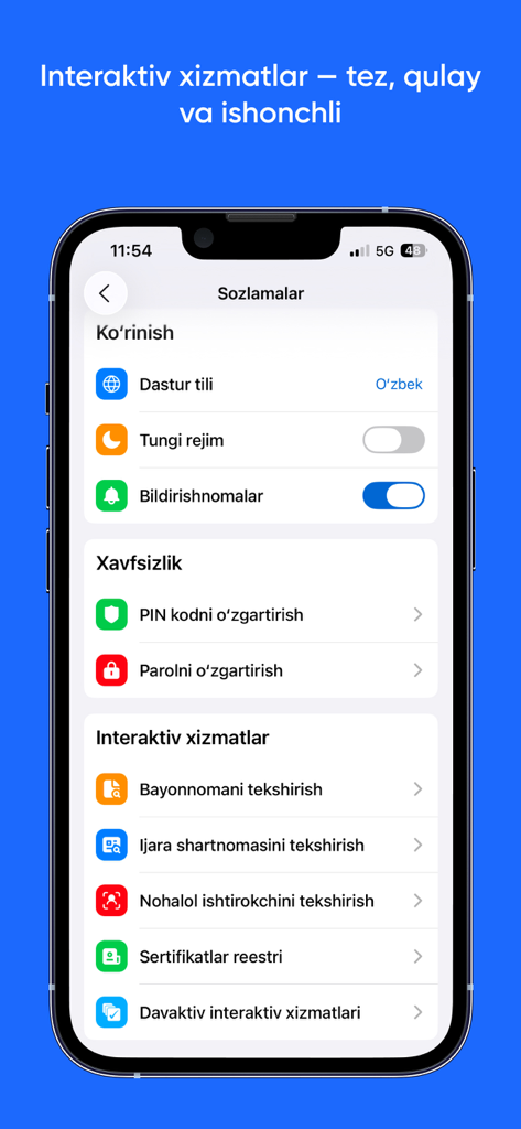 e-auksion - Tela de configurações do aplicativo e-auksion mostrando opções de segurança e serviços interativos de leilão.