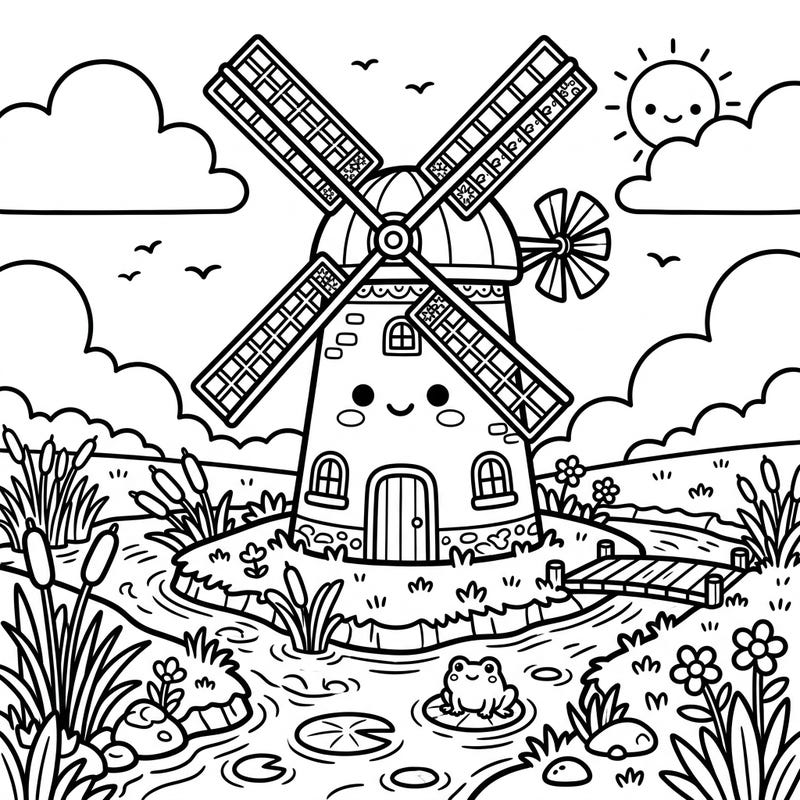 Bring a splash of color to this delightful kawaii drainage windmill scene! Featuring a friendly windmill character amidst a charming landscape, this page promises hours of creative fun and relaxation.