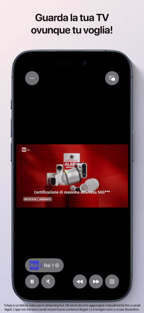 TvApp - Live TV streaming - Smartphone screen showing the TvApp video player interface with live streaming controls
