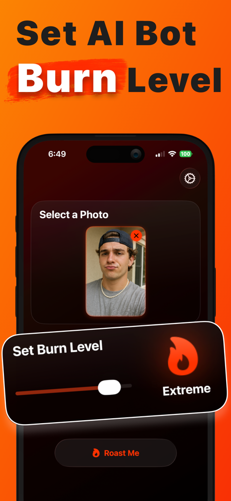 mobile app interface showing a slider to set the ai roast burn level to extreme