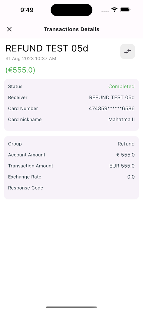 Bankz Cards - Mobile screen showing transaction details for a completed refund in the Bankz Cards app