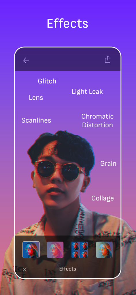 GIF Maker Studio - Create Fun - Una interfaz móvil que muestra varios efectos visuales como glitch y distorsión cromática en una foto de retrato para la creación de GIFs