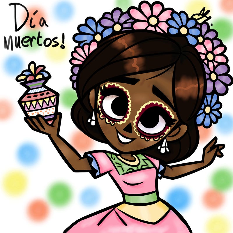 a disney style day of the dead woman.