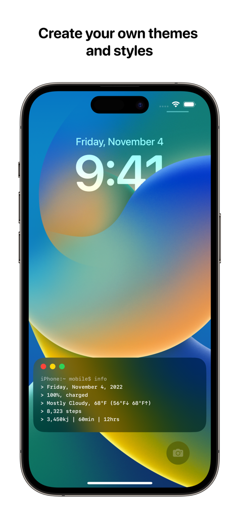 Widgets for Dynamic Island • - iPhone lock screen displaying a terminal style activity widget with health and weather data