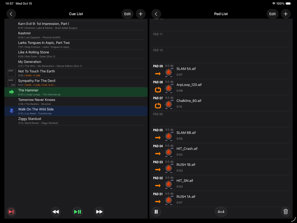 PlayBacker for iPad - Interfaz de PlayBacker para iPad que muestra una lista de señales de música y controles de pad de samples.