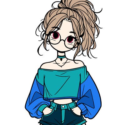 girl with a messy ponytail glasses a baggy crop top and jean shorts