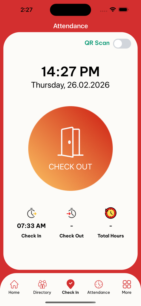 Royal Express HR - Pantalla de registro de salida y asistencia en la aplicación móvil Royal Express HR