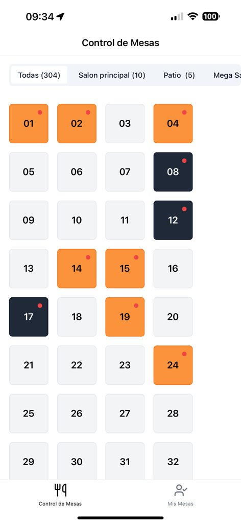 Cravel Restaurant - Panel de gestión de mesas en la aplicación Cravel Restaurante mostrando estados de ocupación y disponibilidad en tiempo real