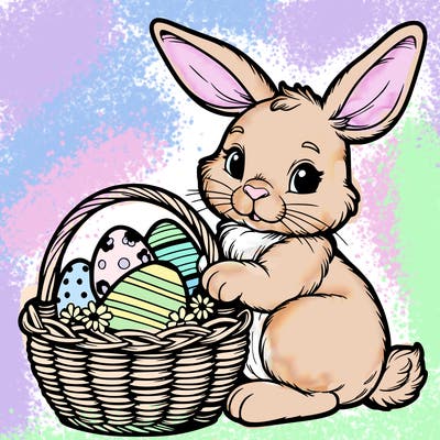 easter bunny with a basket with eggs realistic