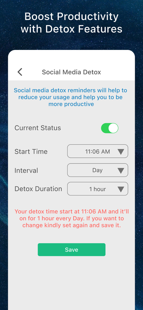 Walogin Tracker Online - Social media detox settings interface for productivity tracking