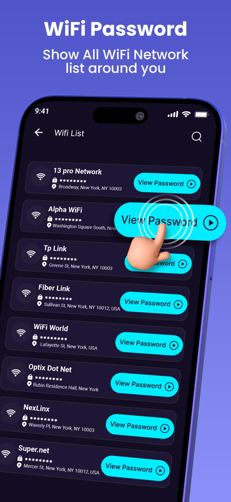 Internet Speed Test App - App screen showing a list of nearby WiFi networks with buttons to view passwords