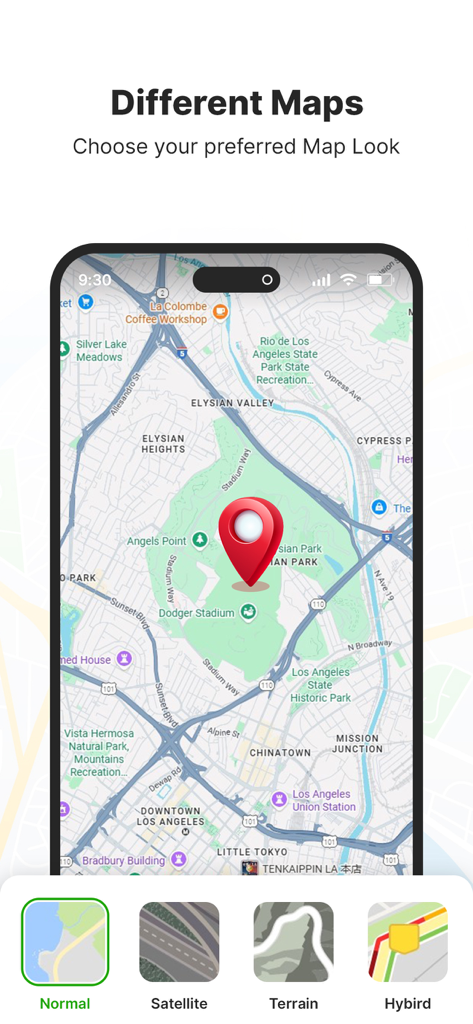 GPS Map Camera – GeoTag - 通常の衛星、地形、ハイブリッドマップのスタイルオプションを表示するGPS Map Cameraアプリ画面