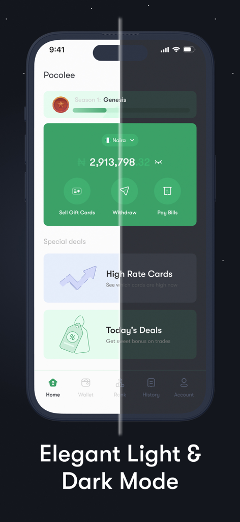 Apexpay - Redeem Gift Cards - A split-screen view of the Apexpay app dashboard showcasing the light and dark mode user interface options.