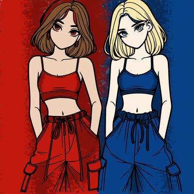 two girls with crop top with baggy pants