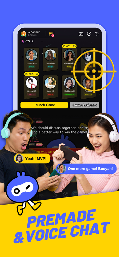 Gamingo - Gamingo app screen showing team matching interface and voice chat feature with excited gamers.