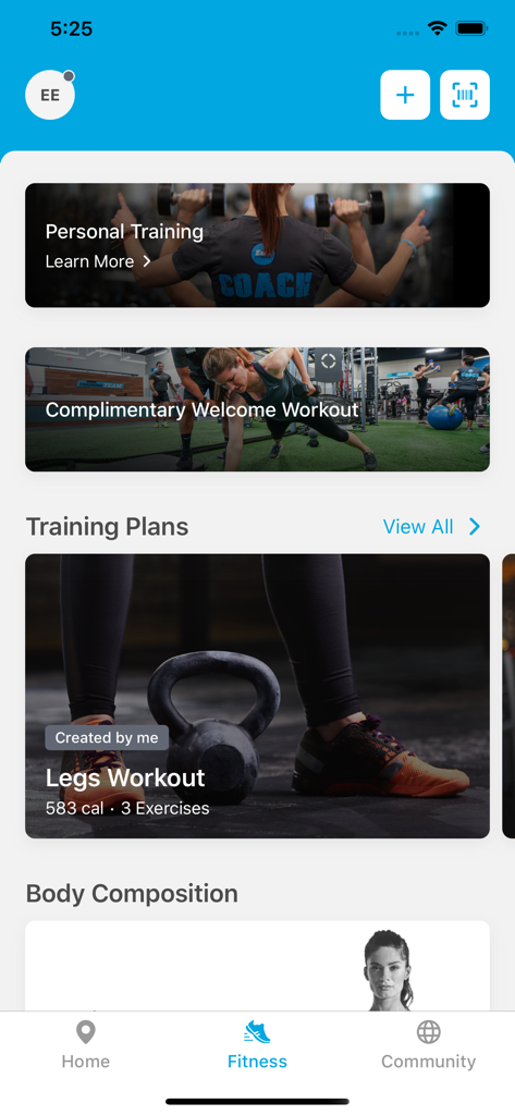 Dashboard of the EoS Fitness app displaying personal training options and custom workout plans