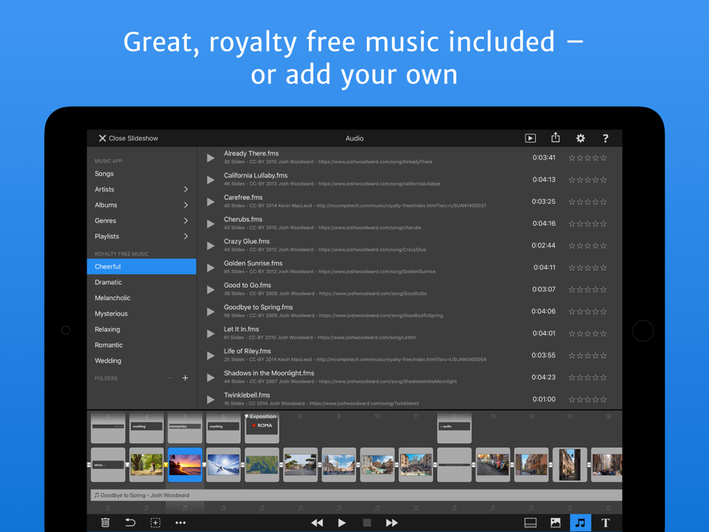 FotoMagico for iPad - iPad用FotoMagicoのインターフェース。ロイヤリティフリーの音楽ライブラリとスライドショーのプロジェクトタイムラインを表示しています。