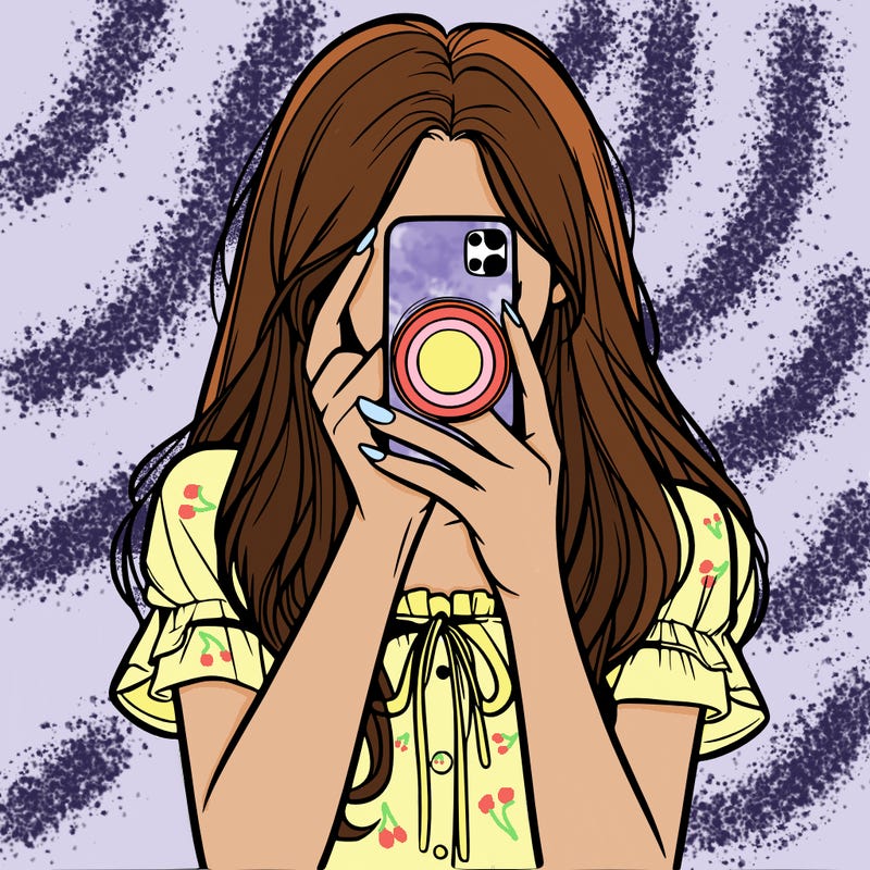 a realistic girl holding her phone taking pictures