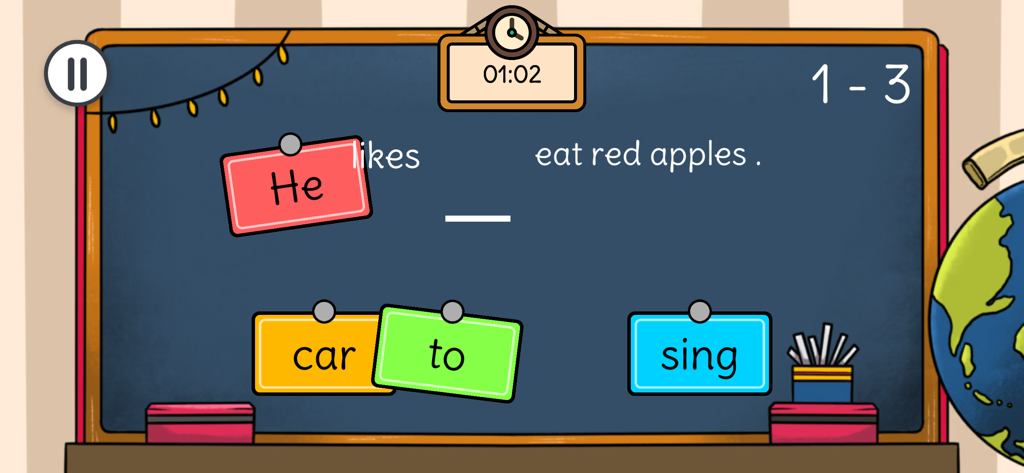Word Gaps – English Word Quiz - 칠판 배경에 빈칸 채우기 영어 단어 퍼즐, '그는 빨간 사과를 먹는 것을 좋아합니다'라는 문장 표시