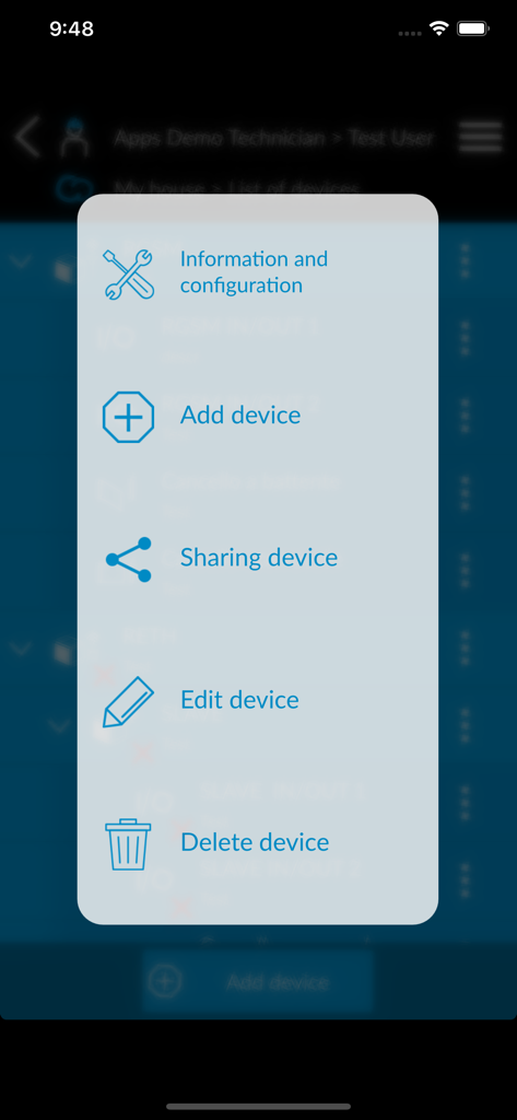 CONNECT SetUp - Interfaz que muestra las opciones de gestión de dispositivos en la aplicación CONNECT SetUp.