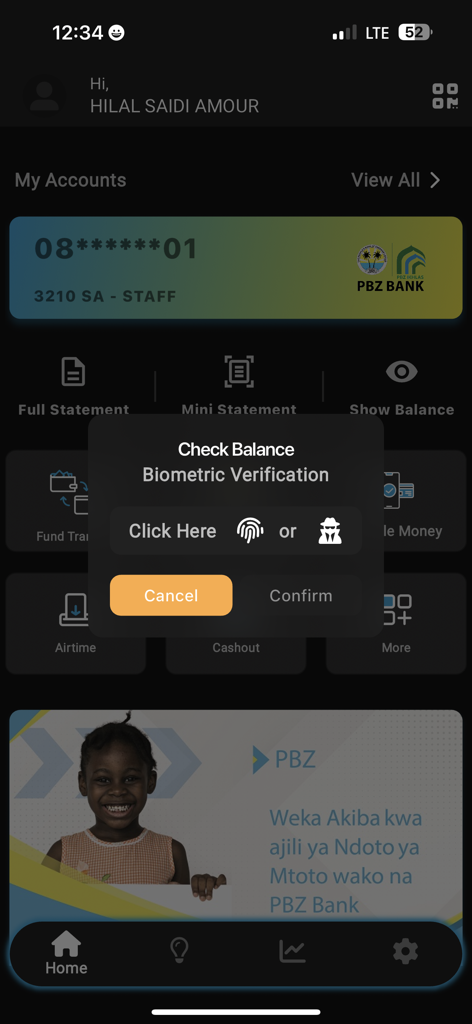 Dashboard dell'app PBZ Banking con una richiesta di verifica biometrica per controllare il saldo del conto