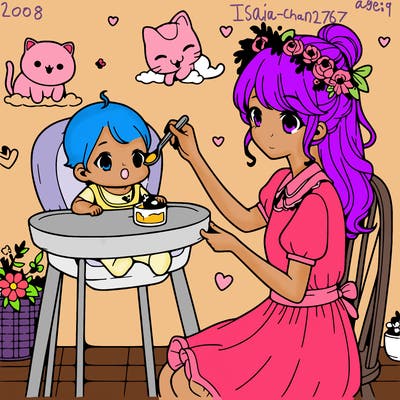 cute anime baby with mother softy style with girl and cat and baby and highchair, while mom is feeding the baby