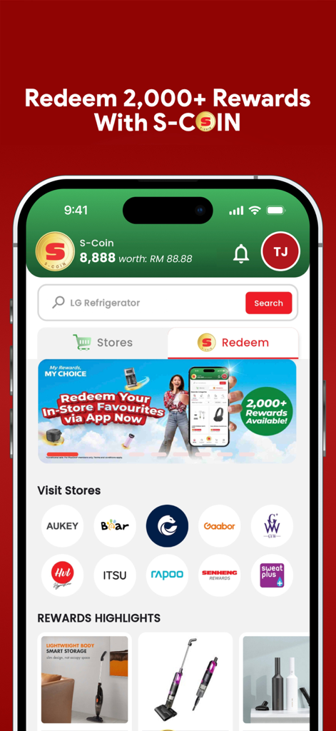Senheng: Electronics & More - Mobile app interface for Senheng showing S-Coin rewards redemption and electronics store listings