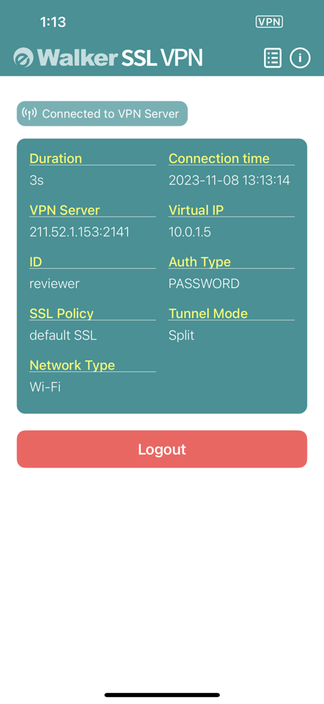 eWalker SSL VPN - Active connection status screen of eWalker SSL VPN showing duration server IP and network details
