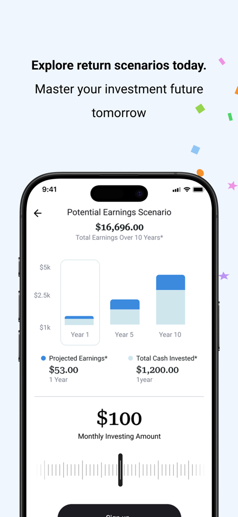Groundfloor: Invest In Homes - Groundfloor app screen showing a potential earnings calculator with a ten year investment projection graph