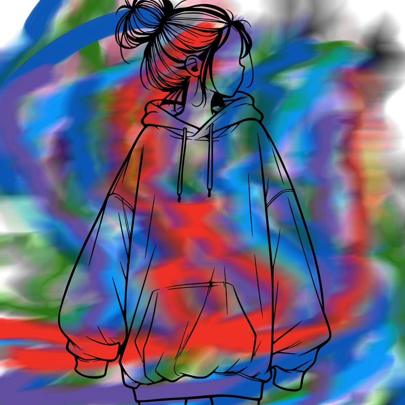 realistic girl with a oversized sweatshirt on and a bun