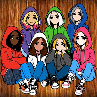 group of realistic girls with big hoodies