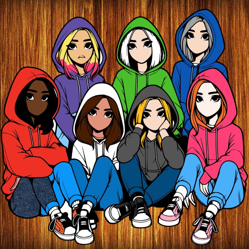group of realistic girls with big hoodies