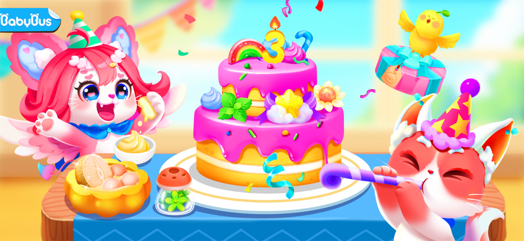 Little Panda's Kitty World - Two cute cartoon kittens celebrating a birthday with a large pink tiered cake and party hats