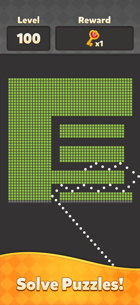 Bricks Legend - Bricks Legend gameplay showing a ball trajectory hitting green blocks on level 100.