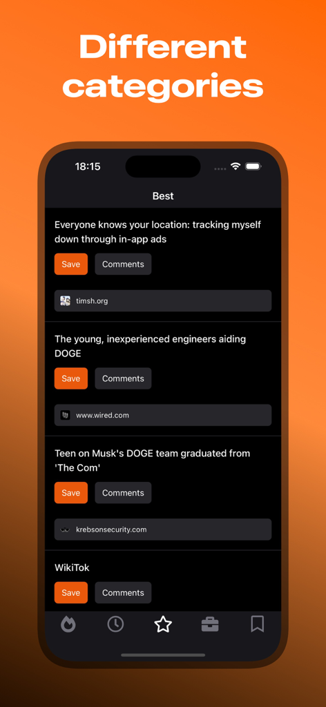 Hacker News Reader App - Hacker News Reader App interface showing different news categories in dark mode