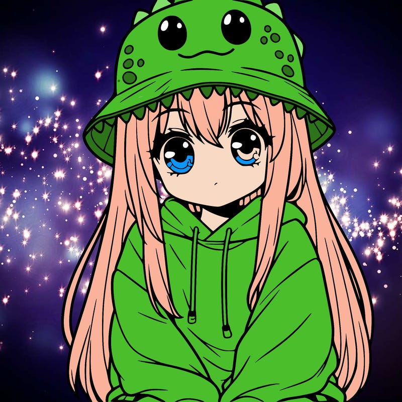 girl with anime shaped eyes with a dinosaur bucket hat oversized sweatshirt long straight hair