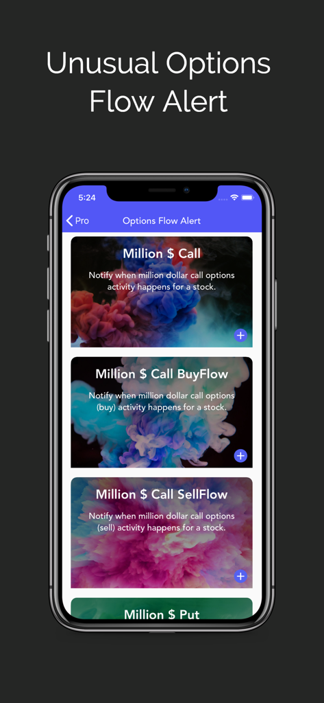 Super Stocks with Options - Options Flow Alert screen showing million dollar call and put activity notifications