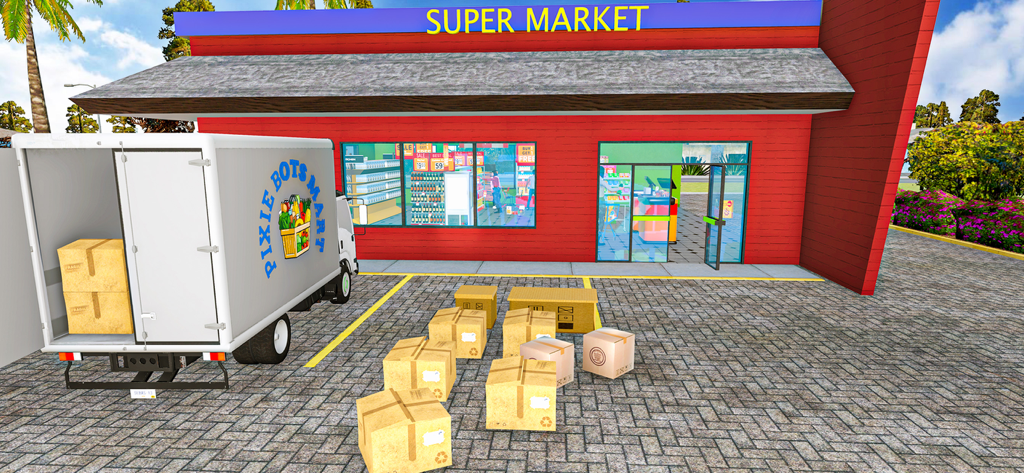 A delivery truck unloading stock boxes in front of a supermarket in a 3D management simulation game