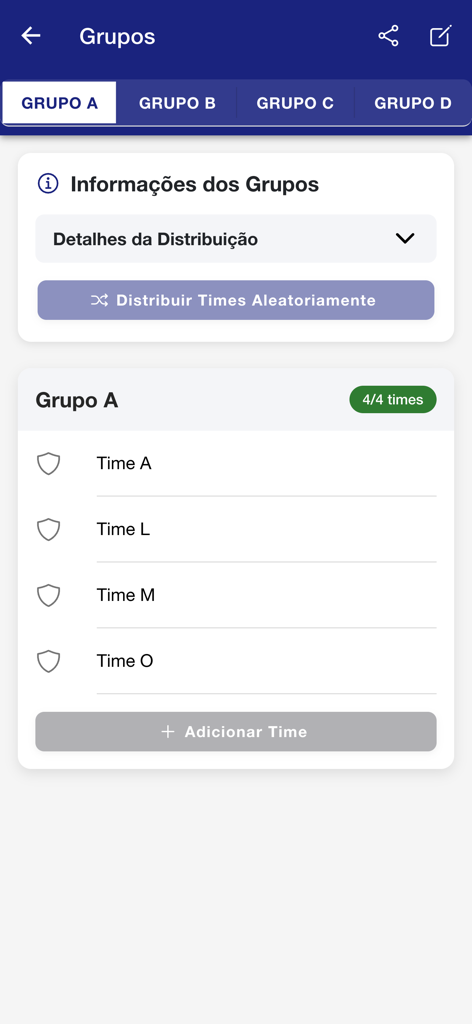 Campeonato fácil - Pantalla de la aplicación móvil para organizar grupos del torneo y agregar equipos a una liga deportiva.
