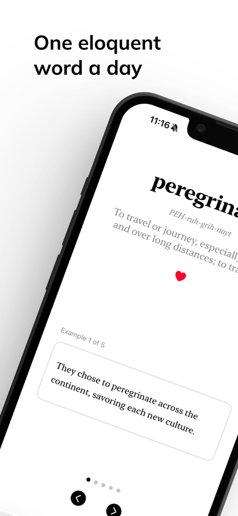 Eloquence - Speak Smarter - Interface of the Eloquence app showing the word of the day peregrinate with its definition and an example sentence