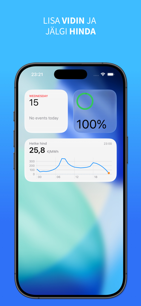 Elektrihind - iPhone home screen showing the Elektrihind widget with a real time electricity price graph