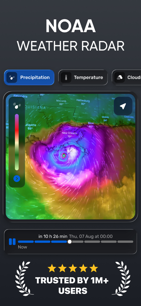 Weather Radar - Forecast NOAA - NOAA Weather Radar app interface displaying a colorful precipitation storm tracker map over Louisiana