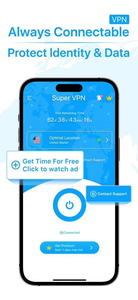 Super VPN mobile app main screen showing connection status and data protection features