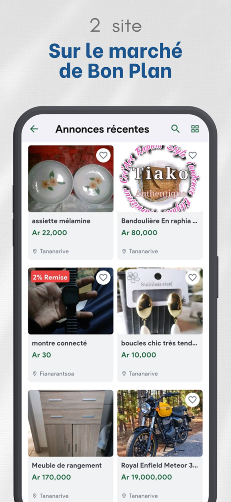 Bazar kely, petites annonces - Interface de l'application Bazar kely montrant des annonces classées récentes pour des produits à Madagascar