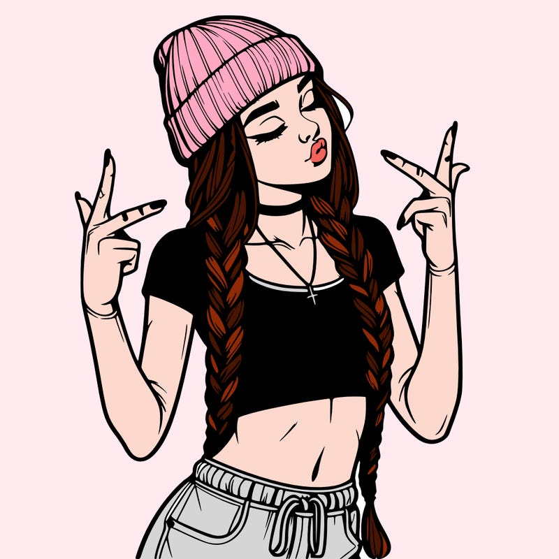 realistic teenage girl with braids and a beanie and crop top doing 🫶🏼