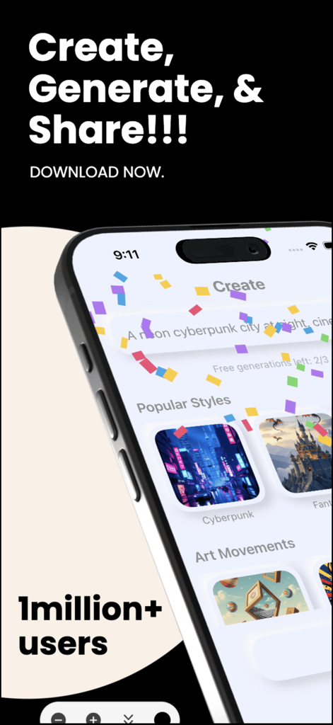 Pocket Posters: AI Video AR - Interface do aplicativo Pocket Posters mostrando a geração de prompt de texto para vídeo e estilos de arte populares